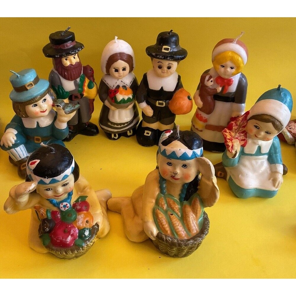 VTG Thanksgiving Pilgrim Indian Candles Set -8 Piece- Never Lit
